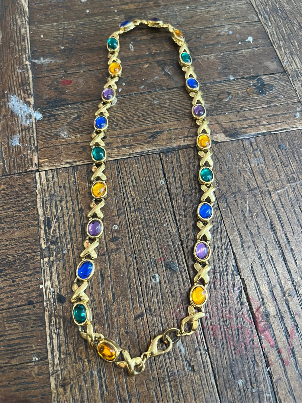 Multicolor Gemstone Link Necklace - Gold Tone